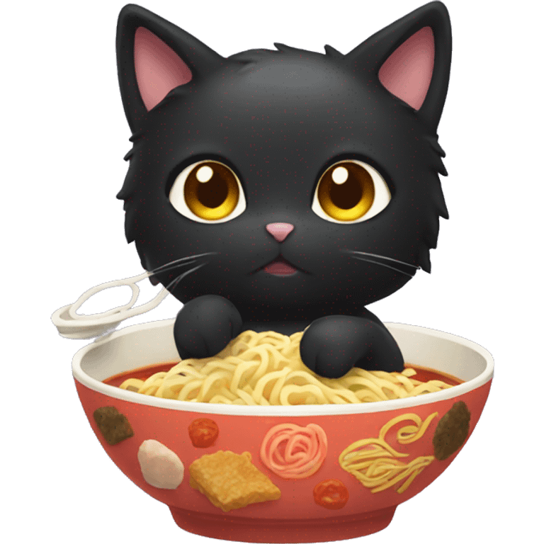 Fluffy black cat eating ramen emoji