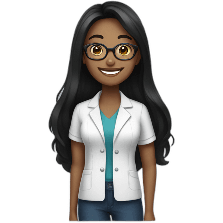 Pharmacist brown skin, long straight black hair, glasses and a big smile, femail emoji