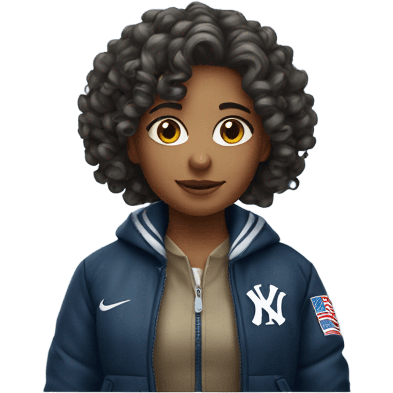 girl with curly hair wearing yankee jacket emoji