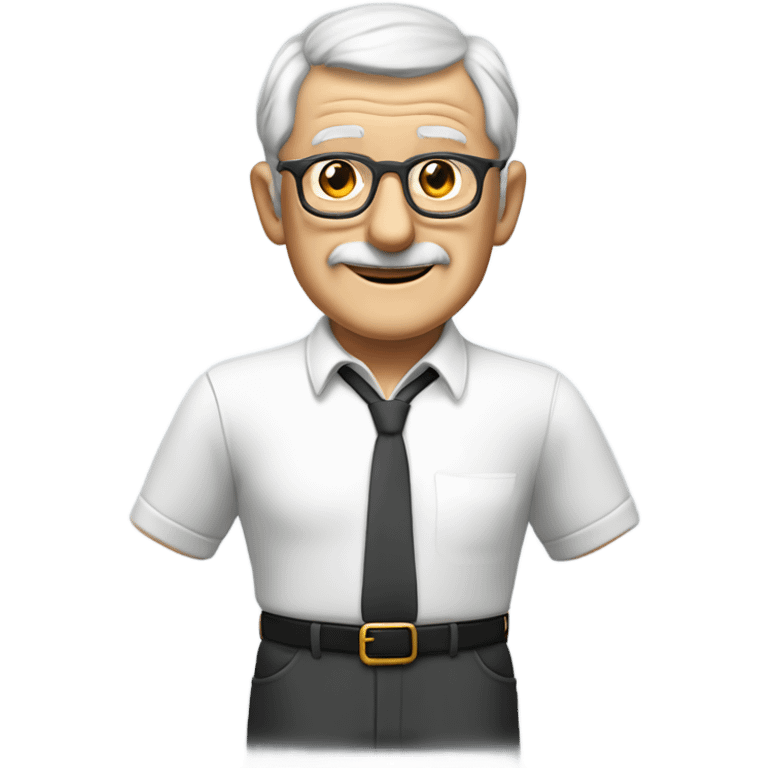 An elderly English man with a kind and dignified appearance, wearing thin-framed glasses. He has neatly combed grey hair and a clean-shaven face with no moustache or beard. He is dressed in a crisp white smart polo shirt with black buttons, emoji