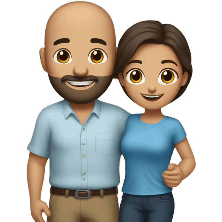 Comforting hug from brunette Puerto Rican with dark brown eyes wearing a cute blue blouse to short, bald man with brown eyes, laugh lines, and a beard emoji