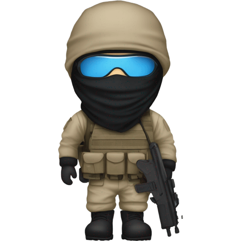 male, pale skin, face mask, tan tactical gear, combat boots, black beanie, blue eyes emoji