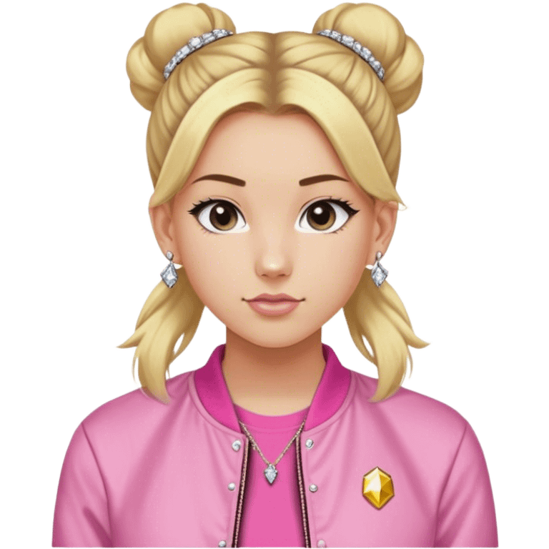 High school white girl with long blonde hair hair tied into a bun. Wearing a pink tee shirt with a bomber jacket and diamond stud earrings. She’s also wearing a short, dainty and girly (maybe 16”) gold chain emoji