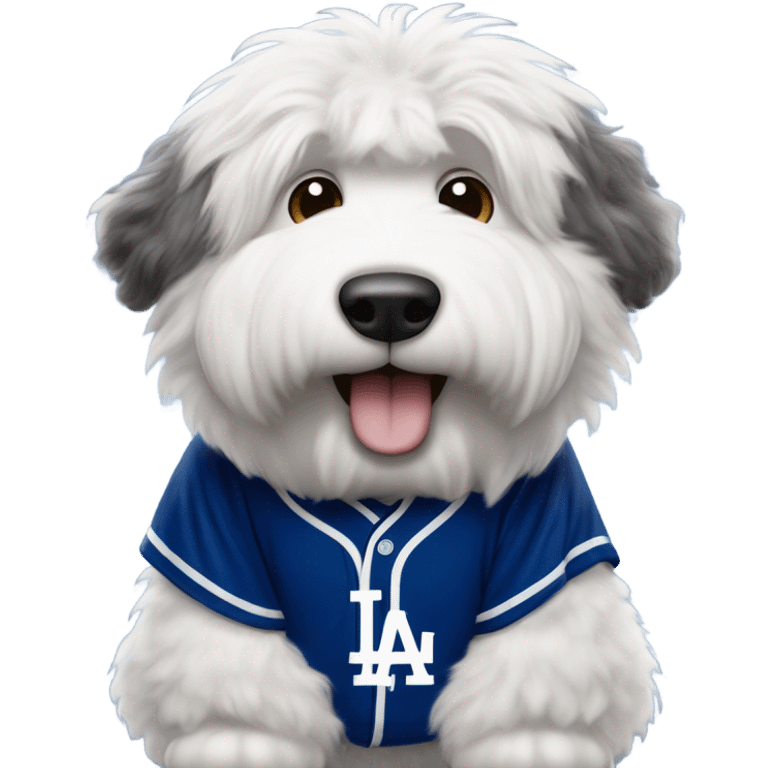 Old English Sheepdog full height wearing a Los Angeles dodgers baseball jersey emoji