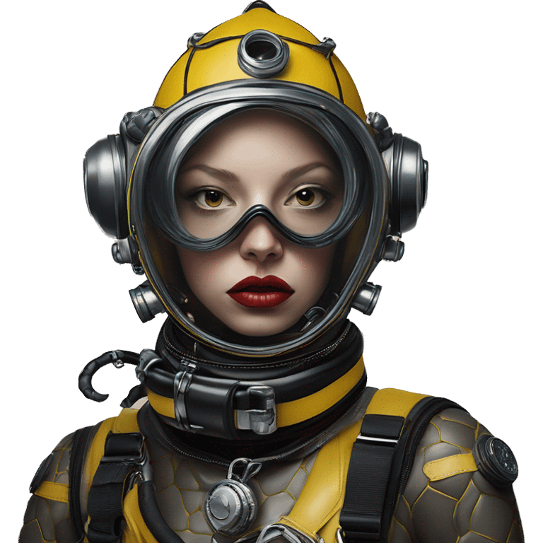 Wasp diver in Dior Gucci Hermes leather straps, oil paint, mysterious eyes, intricate lips, masterpiece portrait , odd perspective, beautiful, desirable, logical emoji