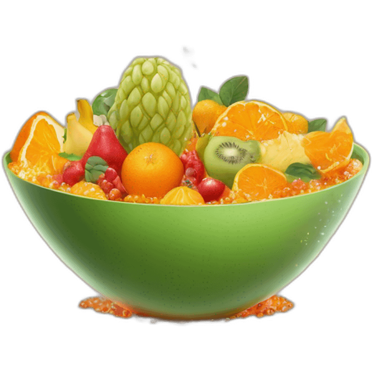 Create an image of a vibrant orange salad bowl filled with exotic fruits and vegetables, topped with a sparkling diamond. Include a hand elegantly holding the bowl from the side. emoji