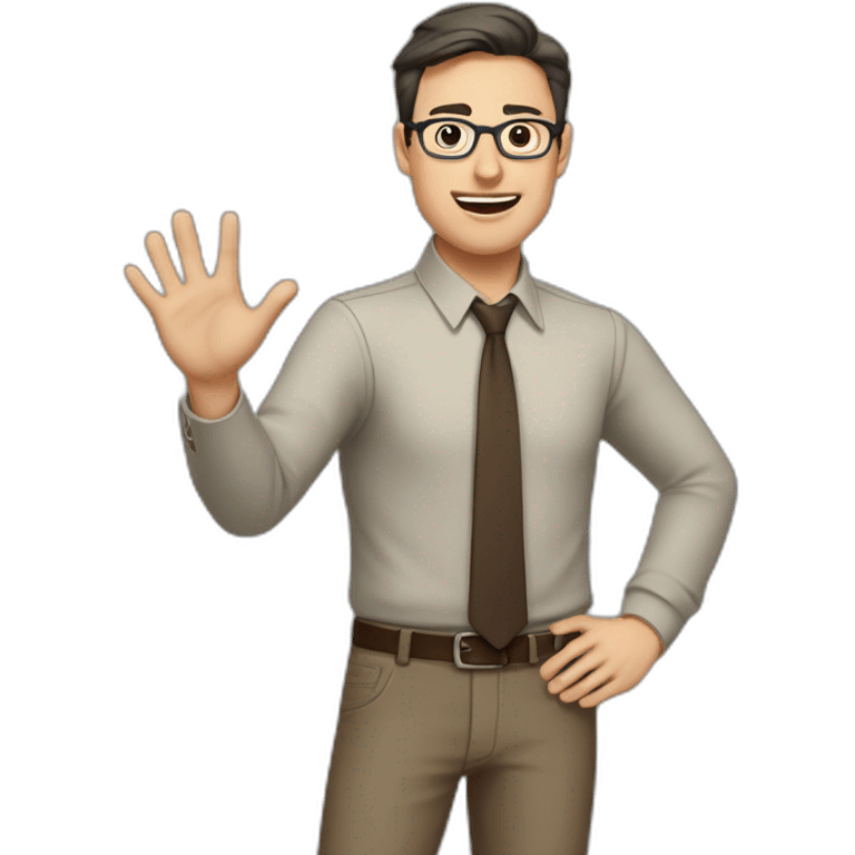 To belt Actively gesturing with hands Pale skinned fit man teacher with dark brown hair in gray jacket, beige office shirt, brown tie, brown pants and vintage glasses. emoji