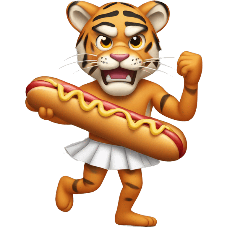 angry tiger wearing ballet slippers and holding a hot dog emoji