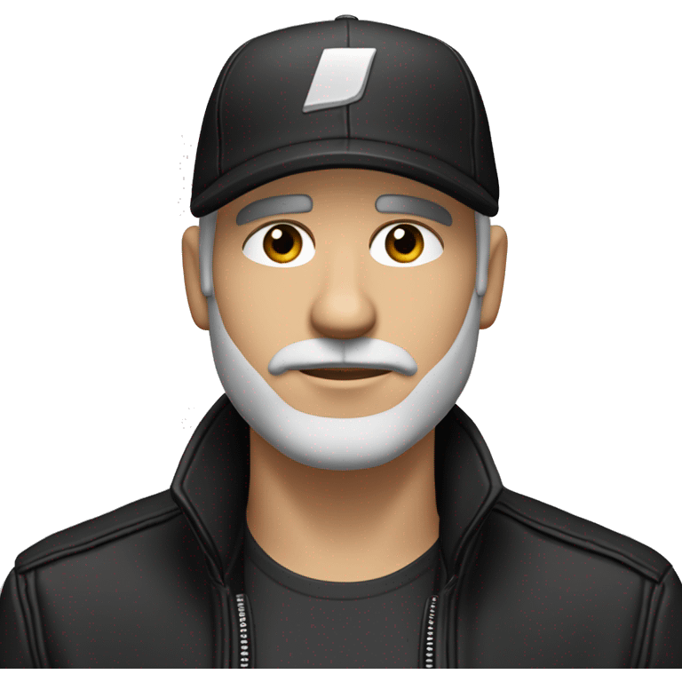 An adult white skin portrait of male with stubble and a slightly gray beard, brown hair, black eyes, wearing a black Reebok cap with a round emblem on his head, and a black leather jacket and stand collar. emoji