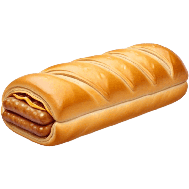 Cinematic Realistic Sausage Roll Dish Emoji, depicted with a crisp, golden pastry wrapped around flavorful sausage, rendered with detailed textures and appetizing lighting. emoji