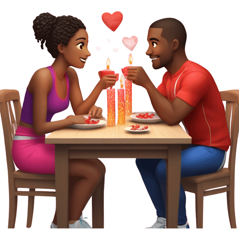 Emoji of a sporty couple, a man and a woman in athletic outfits, sitting at a romantic candlelit dinner table, with Valentine's Day hearts around them. emoji