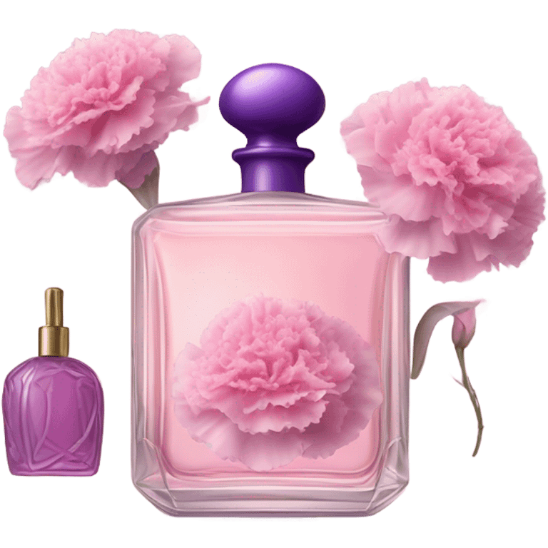 Aesthetic still life of delicate pink carnations beside a vintage purple perfume bottle. emoji