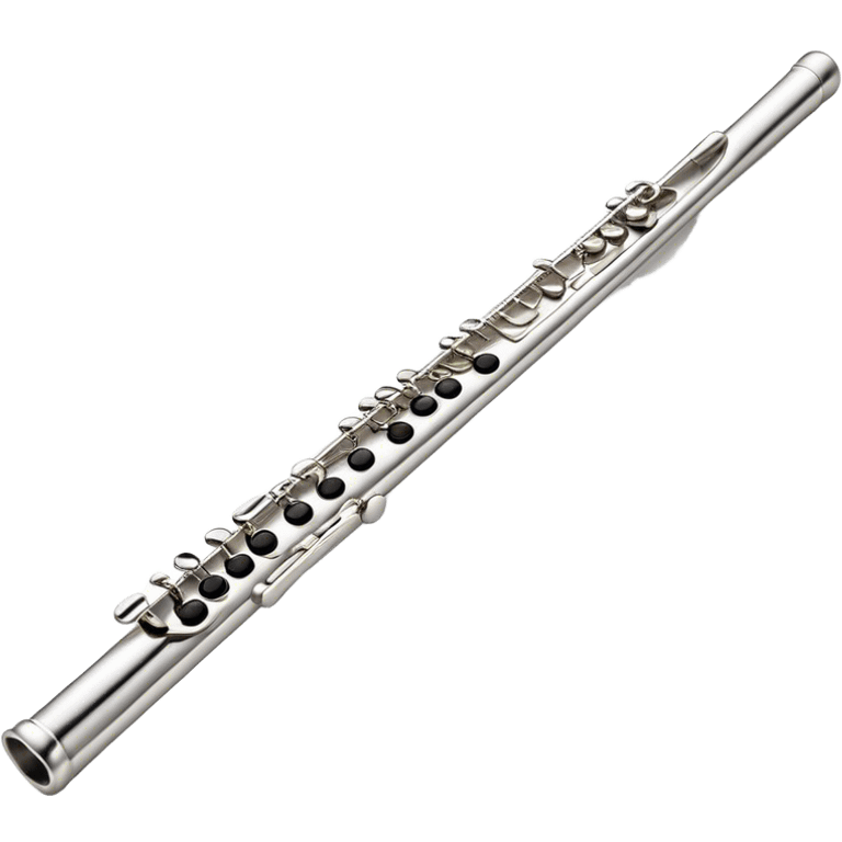 Cinematic Realistic Flute, polished silver metal with precise keywork, soft reflections of warm light dancing along its length, a musician’s delicate fingers pressing the keys, glowing with a sleek and elegant charm. emoji