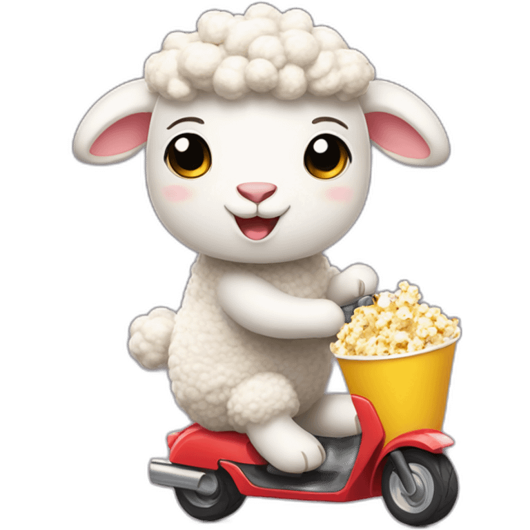 Super cute Sheep holding popcorn and driving kick scooter emoji