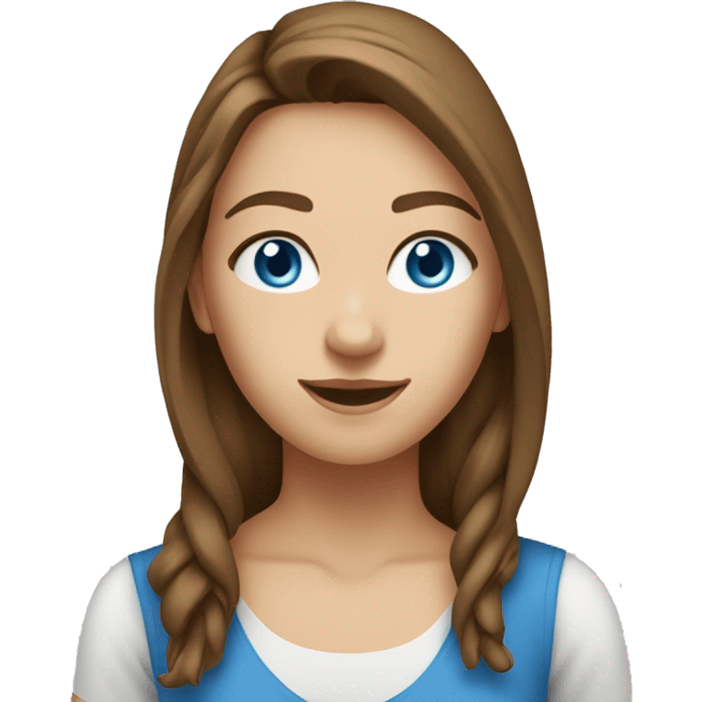 A 23 year old, Caucasian woman, with long brown hair,   with blue eyes wearing a t-shirt. emoji