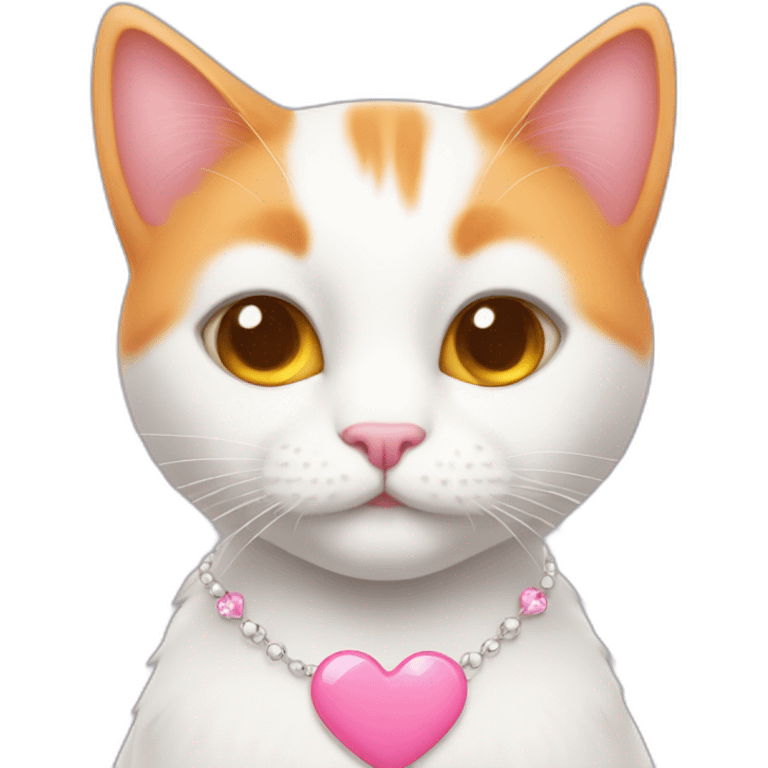 white orange cat cute with a pink heart necklace emoji