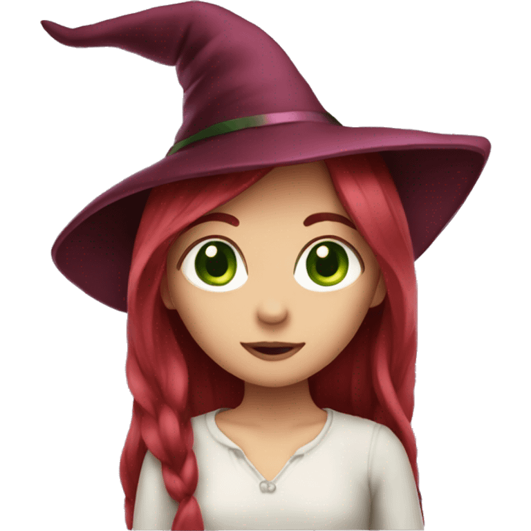 girl long dark red hair green eyes and pink witch hat emoji