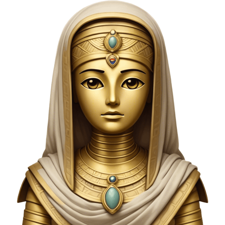 Cinematic Noble Mummy Portrait Emoji, Regal and timeless, with a meticulously wrapped, ancient form in muted earth tones accented by faded gold, exuding an air of forgotten majesty and solemn duty, simplified yet elegant with intricate bandage details, highly detailed and softly glowing, evoking the dignified mystery of an eternal sentinel guarding long-lost secrets! emoji