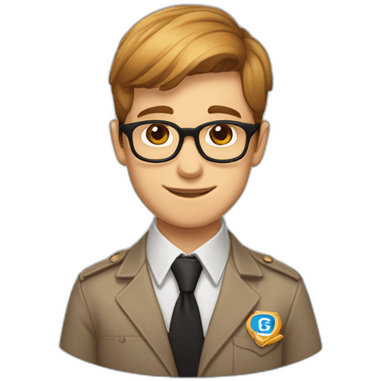 Light brown hair boy with glasses, with a white elegant shirt and a badge with the word "Carmelo - GFT" on it emoji