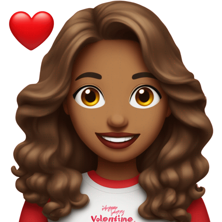 brown lady smiling, medium brown long wavy hair, bright red lips, eyelashes, wearing red “happy Valentine’s Day” t shirt emoji