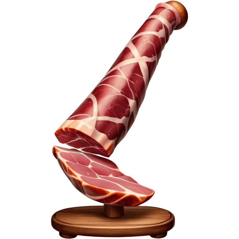 ​Cinematic Realistic Spanish Jamón Leg, depicted as a massive, cured leg of Jamón serrano with a deep reddish-brown hue, intricately marbled and slightly glossy with age, elegantly displayed on a rustic wooden stand and bathed in warm, soft lighting that accentuates its artisanal heritage, emoji