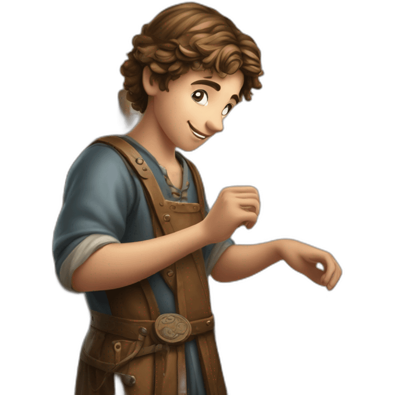 young coin engraver apprentice yielding a coin, medieval age emoji