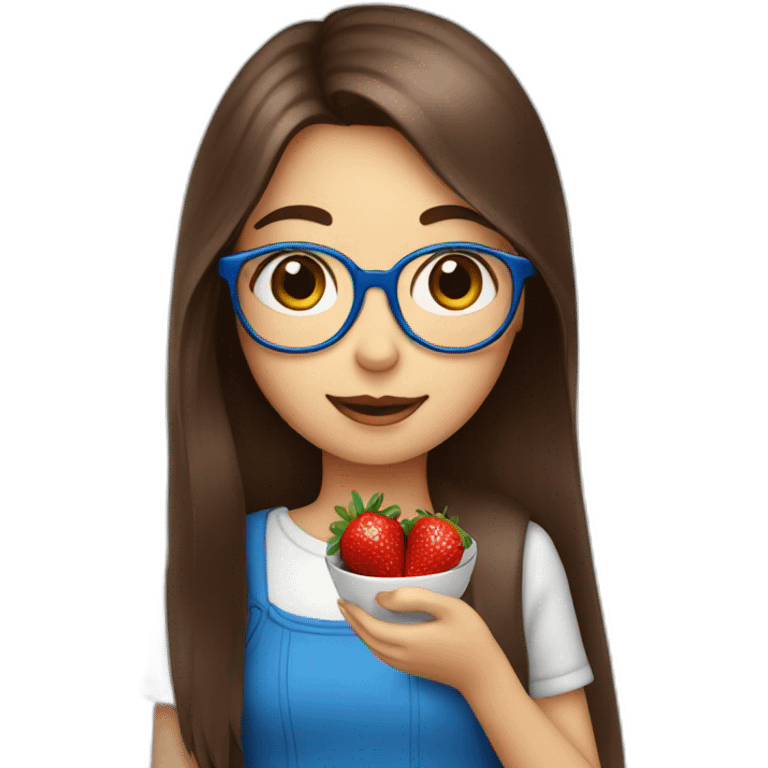 Glasses girl with long brown hair with blue in between hair eating chocolate strawberry emoji