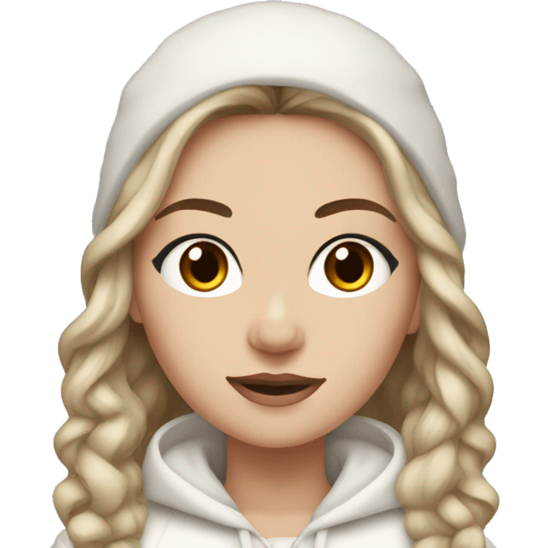 white girl with brown hair and black eyes wearing a white and brown winter outfit emoji