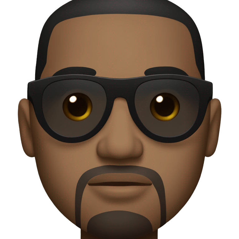 Kanye West has a round face with a prominent jawline. His skin is brown, and he has short black hair. He often wears stylish, oversized sunglasses. emoji