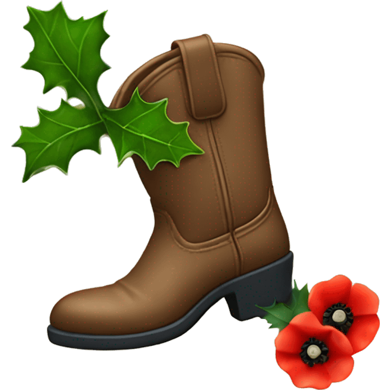 Cow boy boot with a holly and poppy emoji