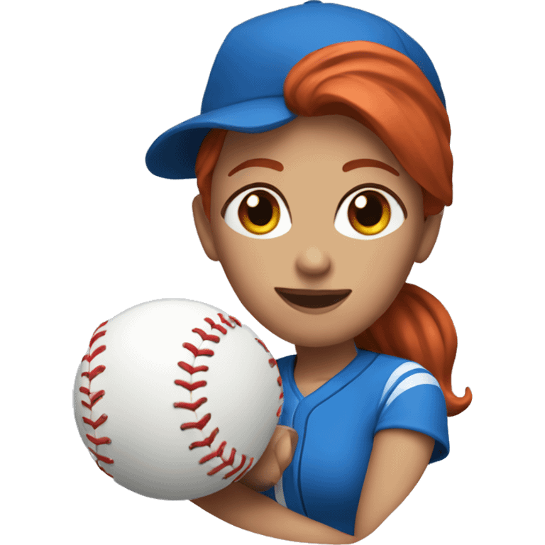 female coach with red hair in blue shirt and with a blue baseball  emoji