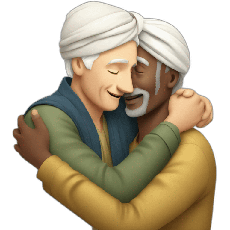 Turban older Man from africa hugs blond European man emoji