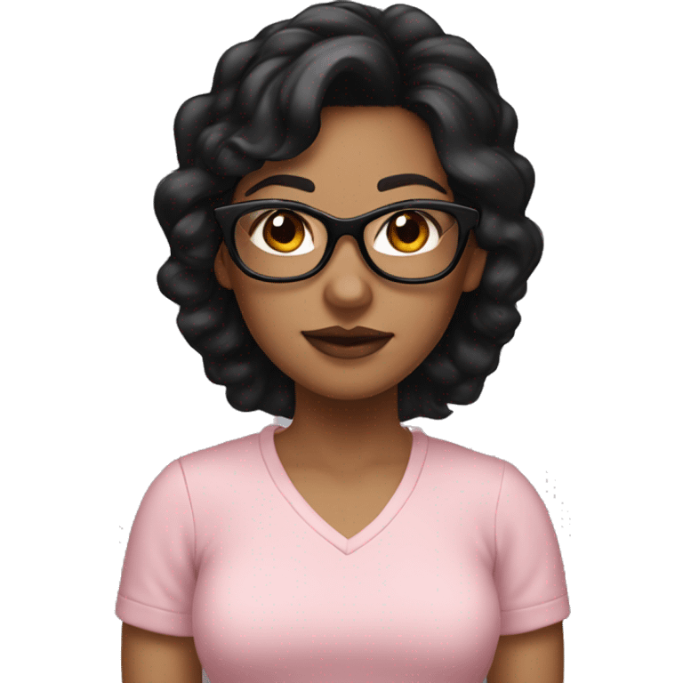 A girl with black hair and black glasses, earrings, a light pink shirt, light skinned emoji