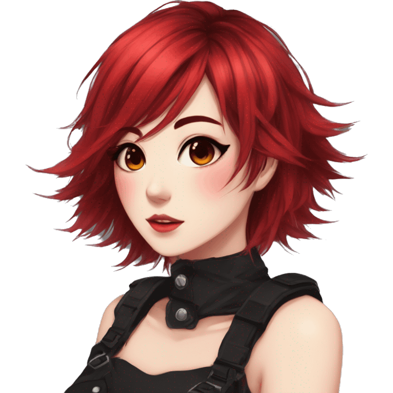 Gorgeous anime style lady with blushing face aesthetic and pretty edgy black red punk hair with hair garment trending style emoji