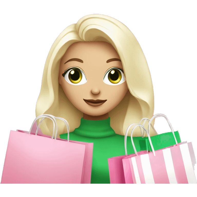 cute platinum blonde with green eyes surrounded by pink shopping bags emoji