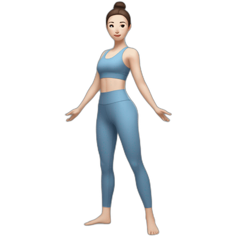 Pale skinned fit woman In a blue light tight yoga suit and wristbands With dark brown hair in a bun doing yoga emoji