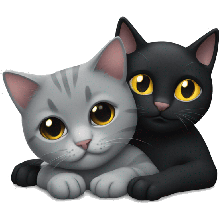 A black cat and a light grey cat  cuddling  emoji