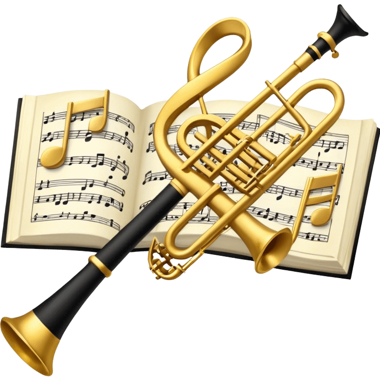 Create a sophisticated and elegant emoji that represents orchestration and arrangement. The design should feature a conductor’s baton, musical notes, and a symphonic score, symbolizing the process of arranging and orchestrating music. Incorporate instruments like a violin, trumpet, and piano keys subtly in the background, representing different sections of the orchestra. Use classical and refined colors such as gold, deep red, and black to evoke the grandeur and precision of orchestration. The background should be transparent. emoji