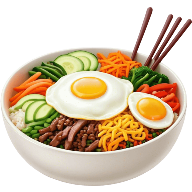 Cinematic Realistic Bibimbap Dish Emoji, showcasing a colorful bowl of mixed rice, assorted vegetables, beef, and a fried egg rendered with lifelike detail and vibrant, harmonious lighting. emoji