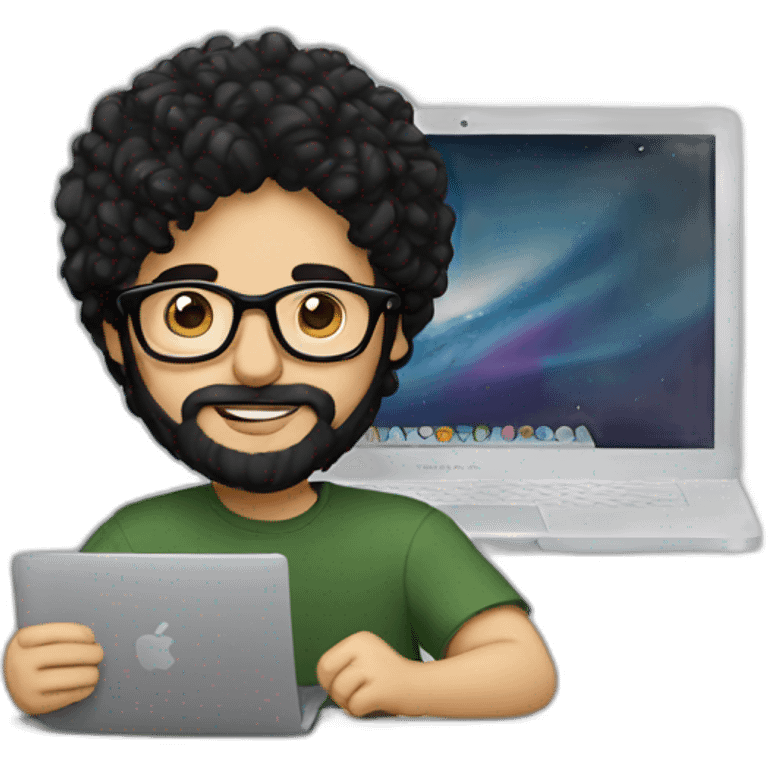 Designer with black hair, beard and glasses working with MacBook and drinking cappuccino  emoji