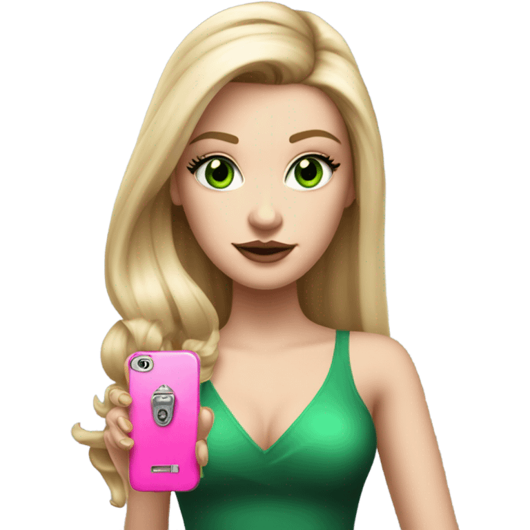 Realistic White girl with Long straight blonde hair, green eyes, tattoos, full body wearing dress and High heels, holding pink phone emoji