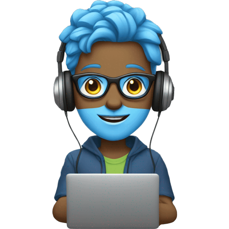 Androgynous character with blue skin, wearing glasses, holding a laptop, wearing headphones, and smiling emoji