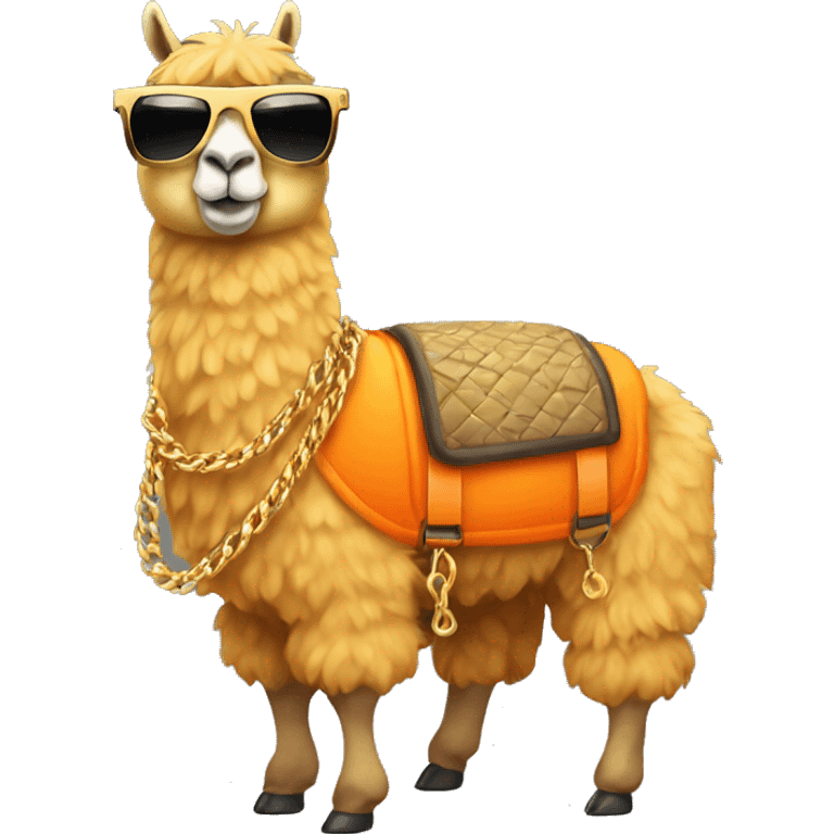 llama wearing an orange puffer vest and sun glasses full body gold chain emoji