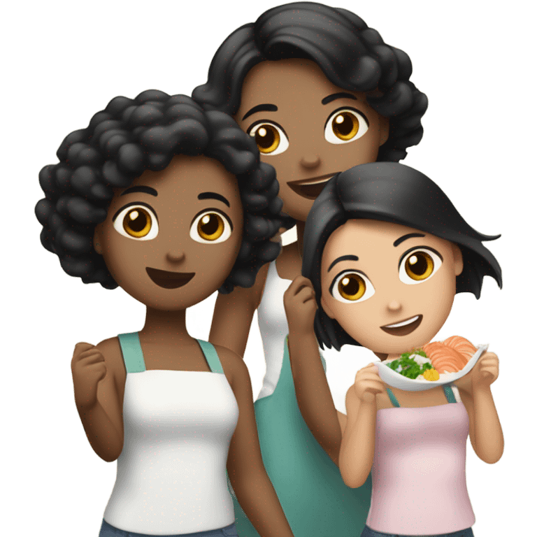 3 girls one with black hair and two with brown hair eating seafood emoji