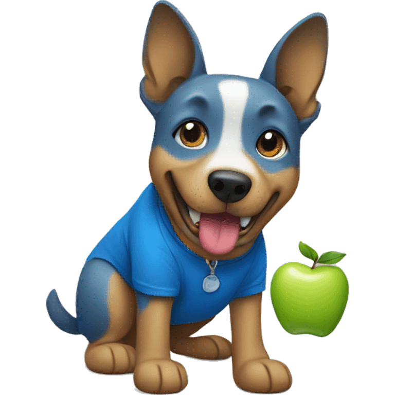 dog with an apple in his mouth and wearing a blue t-shirt  emoji