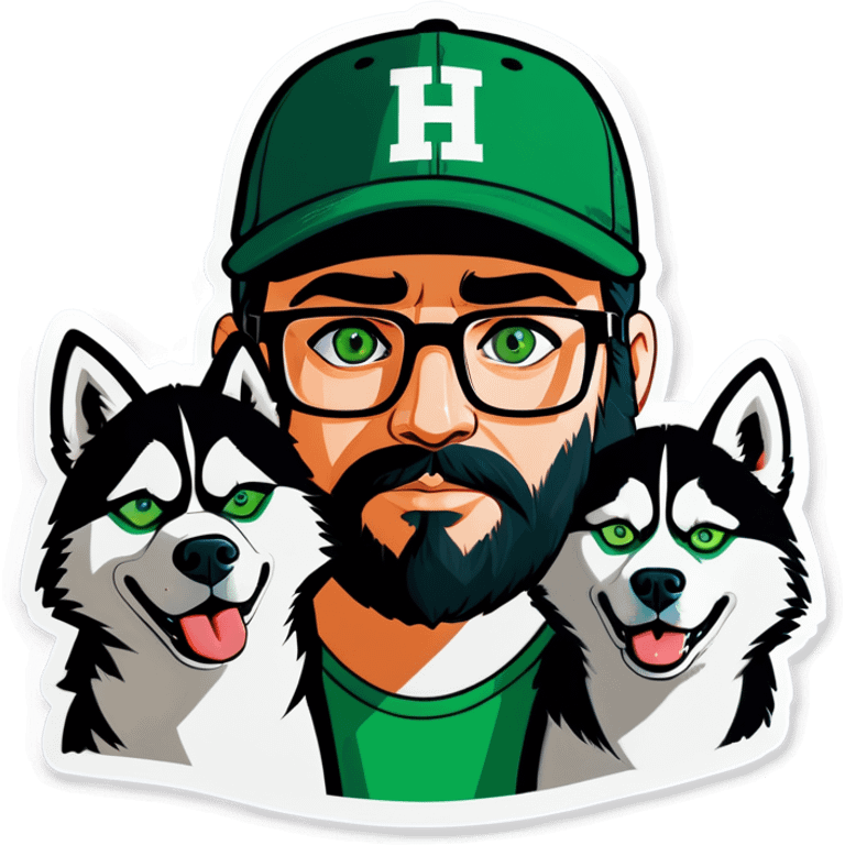 A bold man with a grey baseball cap, green eyes, big beard and glasses next to a husky dog emoji