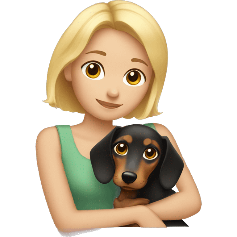 Girl with short blond hair hugs Dachshund emoji