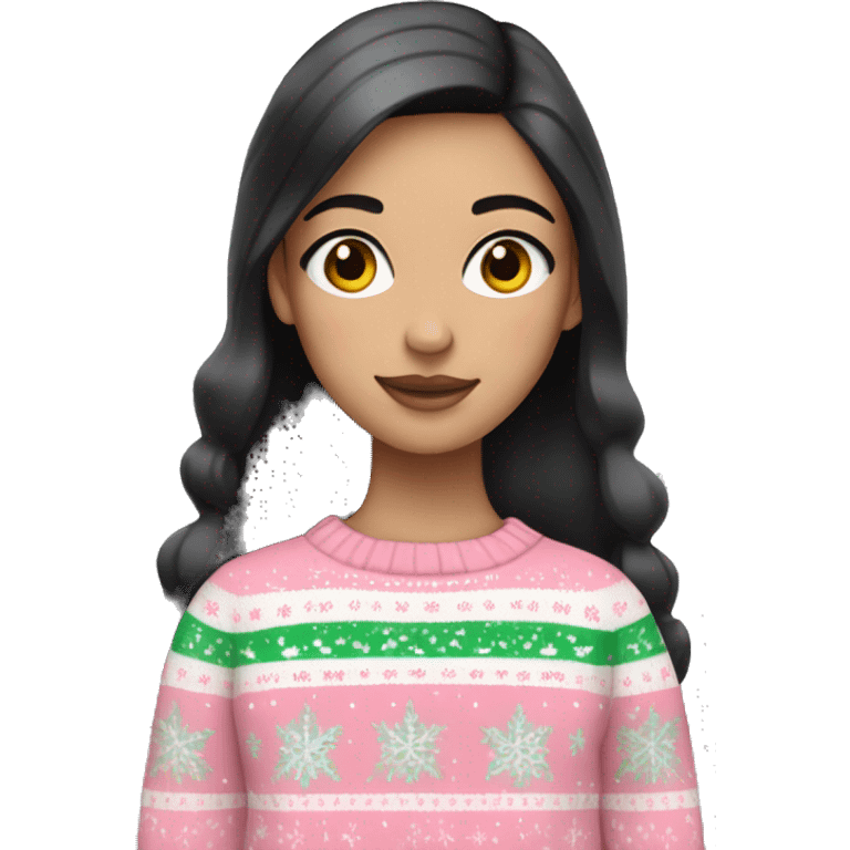 White girl with black hair wearing a Pastel Christmas sweater emoji