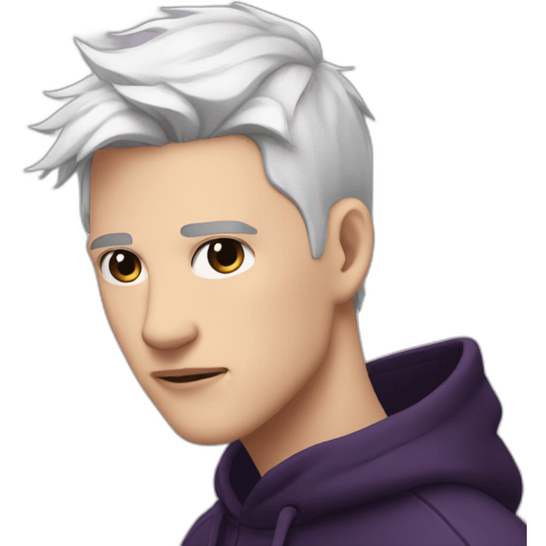 White hair's guy black eyebrows with black swether and purple eyes and 15 years old emoji