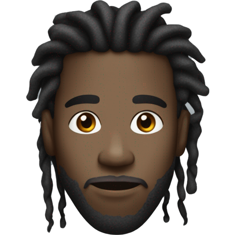 Black guy with dreadlocks, faint moustace, a silver chain, dark brown eyes, a straight face, and sharp eyebrows  emoji